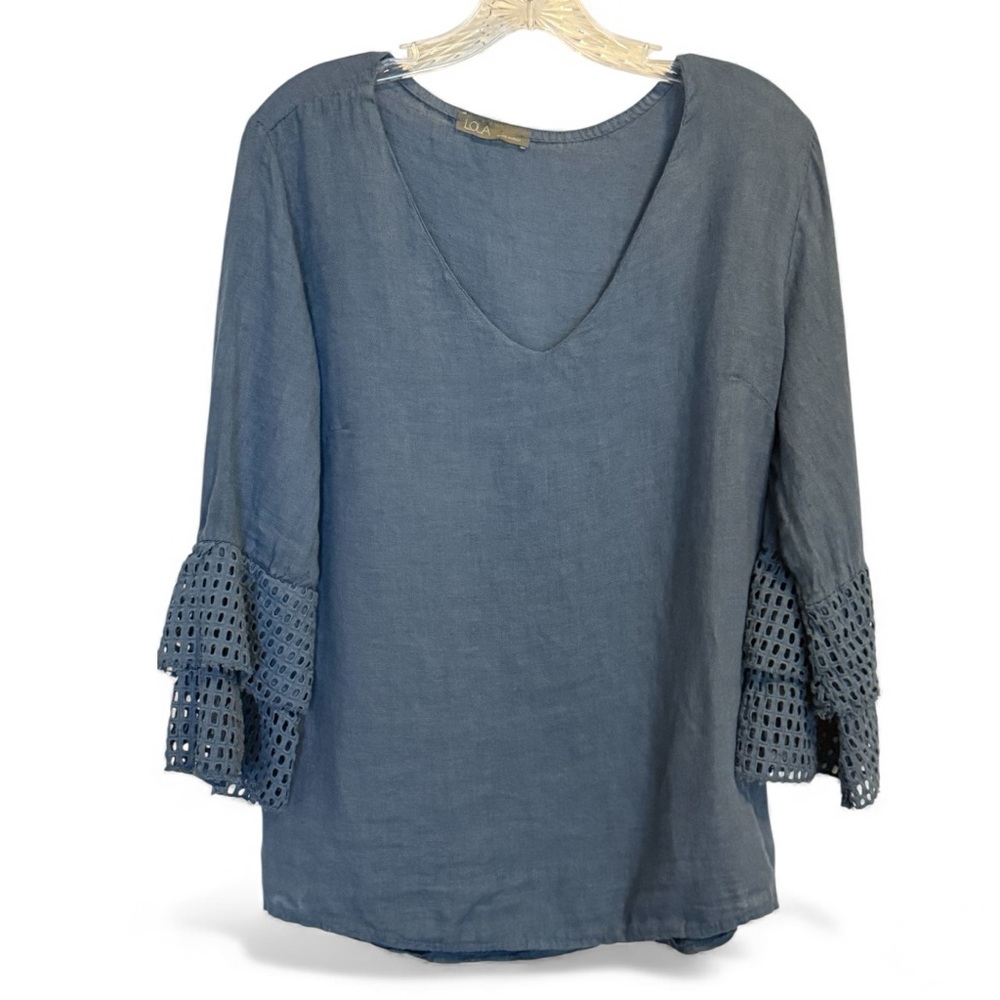 LOLA Made in Italy Blue Linen V Neck Bell Sleeve Top | L